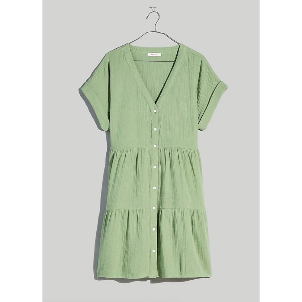 Madewell Light Green Tiered Button-Front Mini Dress